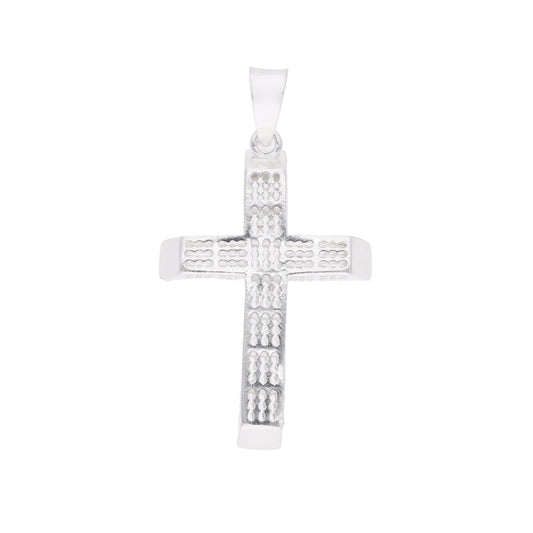 Dije cruz latina calada con patrón de óvalos apilados y bordes biselados en plata .925 – vista frontal sobre fondo blanco