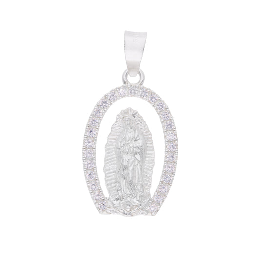 Dije Virgen de Guadalupe calado con zirconias en plata .925 — vista frontal