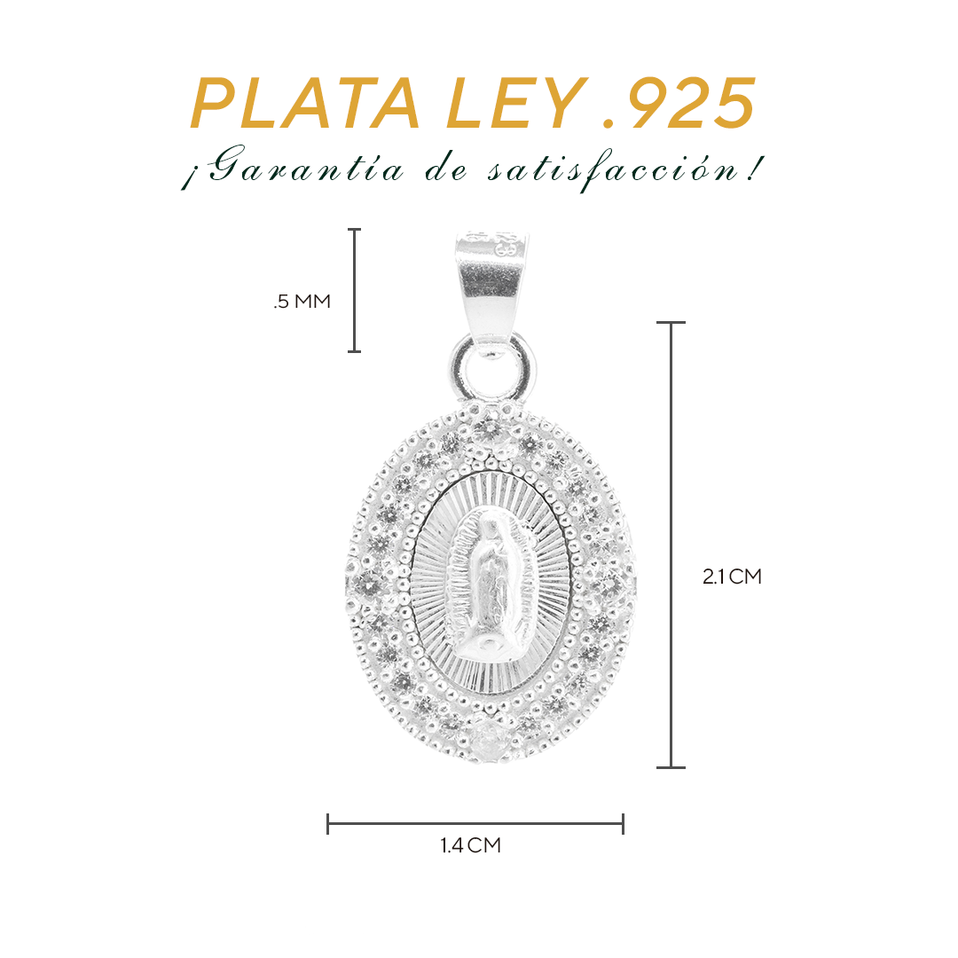 Dije  de Plata ley.925 en diseño de la  Virgen de Guadalupe con topacio blanco , Mod. DRP029LP - Joyería Religiosa