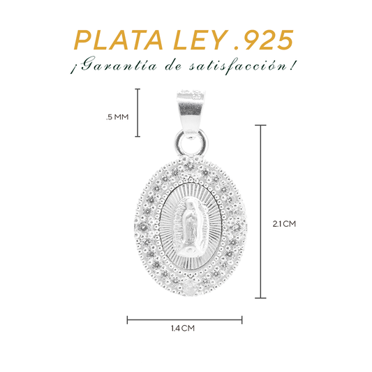 Dije  de Plata ley.925 en diseño de la  Virgen de Guadalupe con topacio blanco , Mod. DRP029LP - Joyería Religiosa