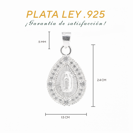 Dije de  Plata ley .925 en diseño de la  Virgen de Guadalupe con topacio blanco, mod. DRP030LP - Joyería Religiosa