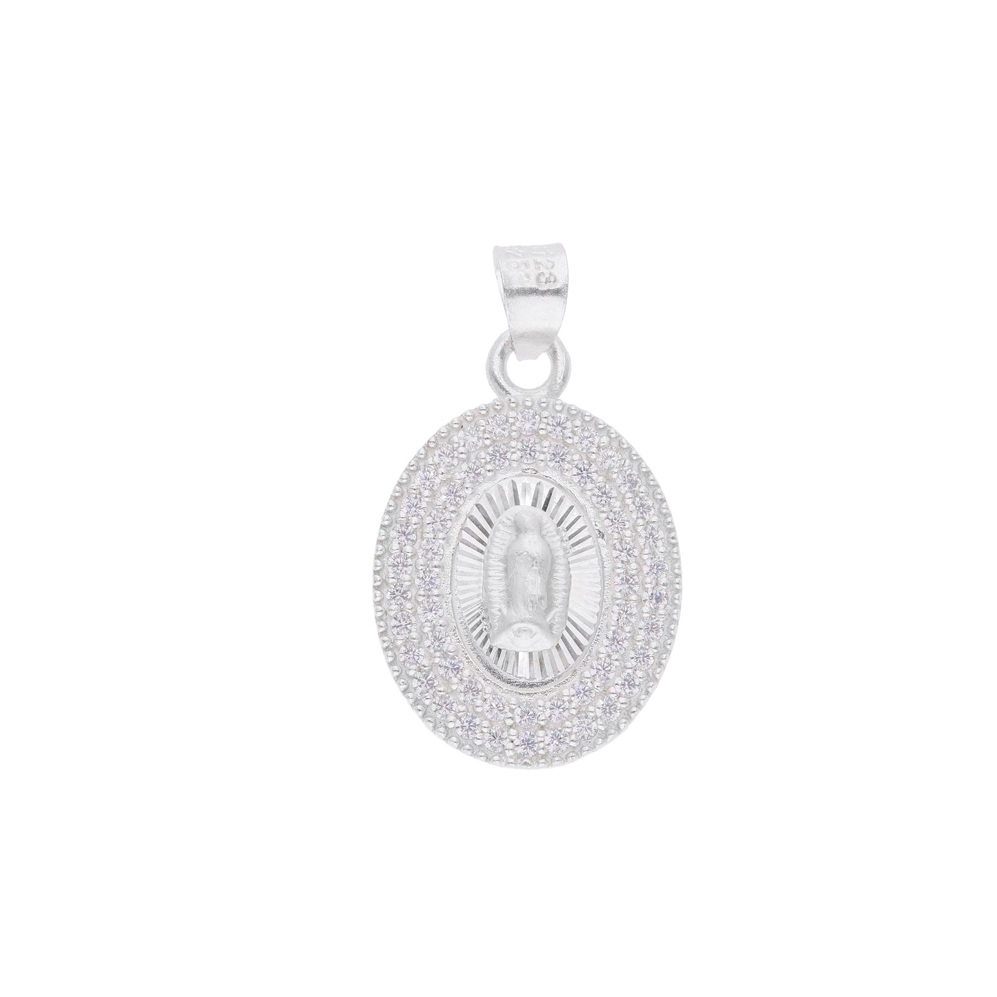 Dije Medalla Oval Virgen de Guadalupe chica con zirconias en plata .925 — vista frontal