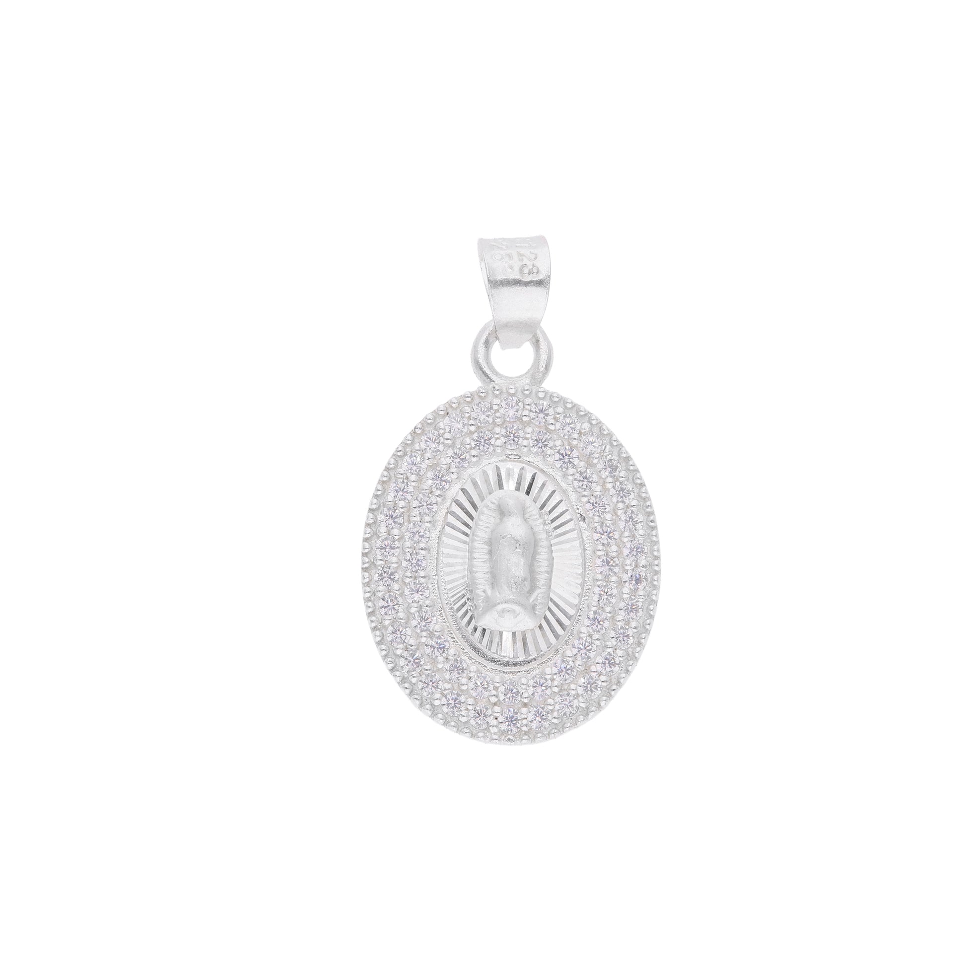 Dije Medalla Oval Virgen de Guadalupe chica con zirconias en plata .925 — vista frontal