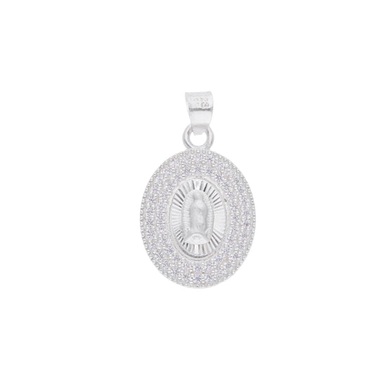 Dije Medalla Oval Virgen de Guadalupe chica con zirconias en plata .925 — vista frontal