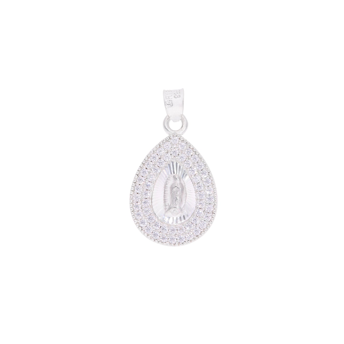 Dije Virgen de Guadalupe medallón lágrima doble halo pavé en plata .925 – vista frontal sobre fondo blanco