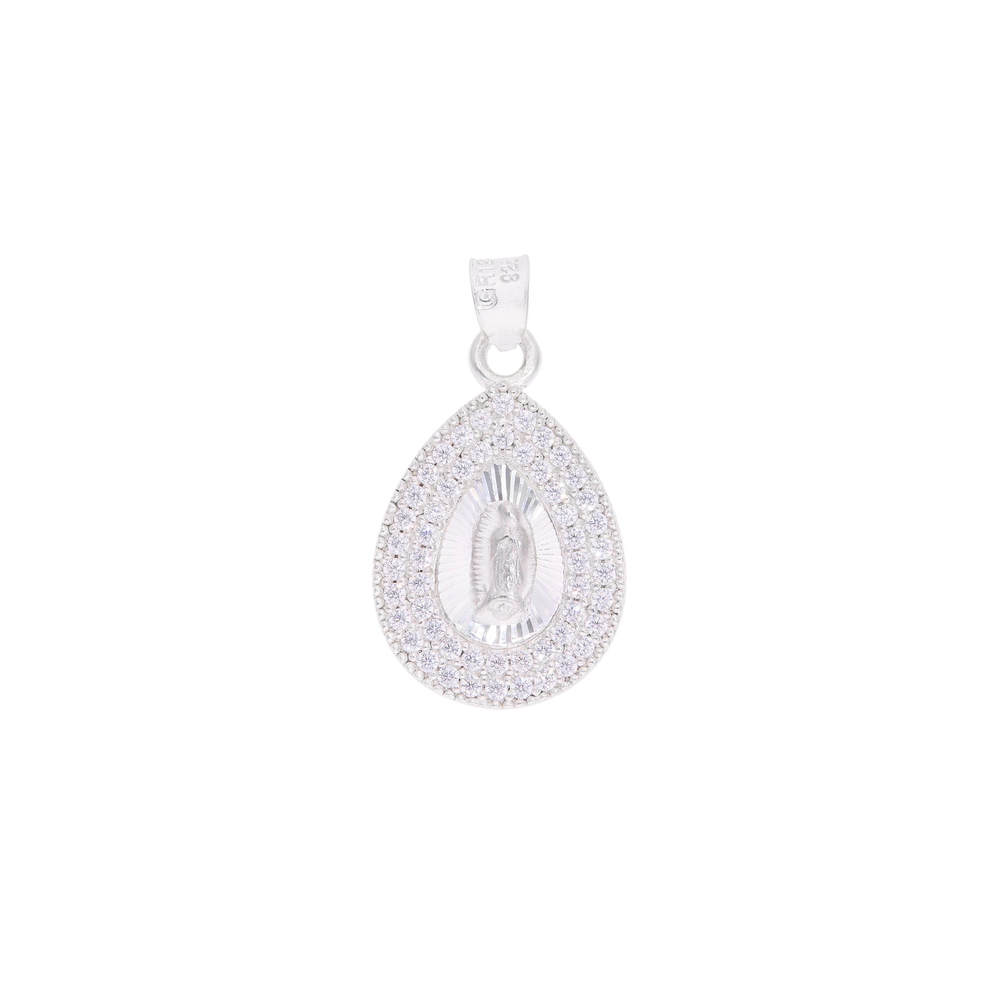 Dije Virgen de Guadalupe medallón lágrima doble halo pavé en plata .925 – vista frontal sobre fondo blanco