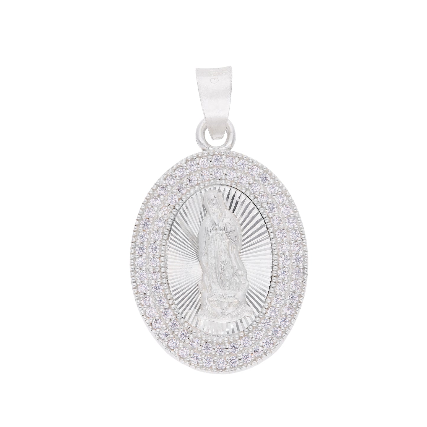 Dije Medalla Oval Virgen de Guadalupe con zirconias en plata .925 — vista frontal