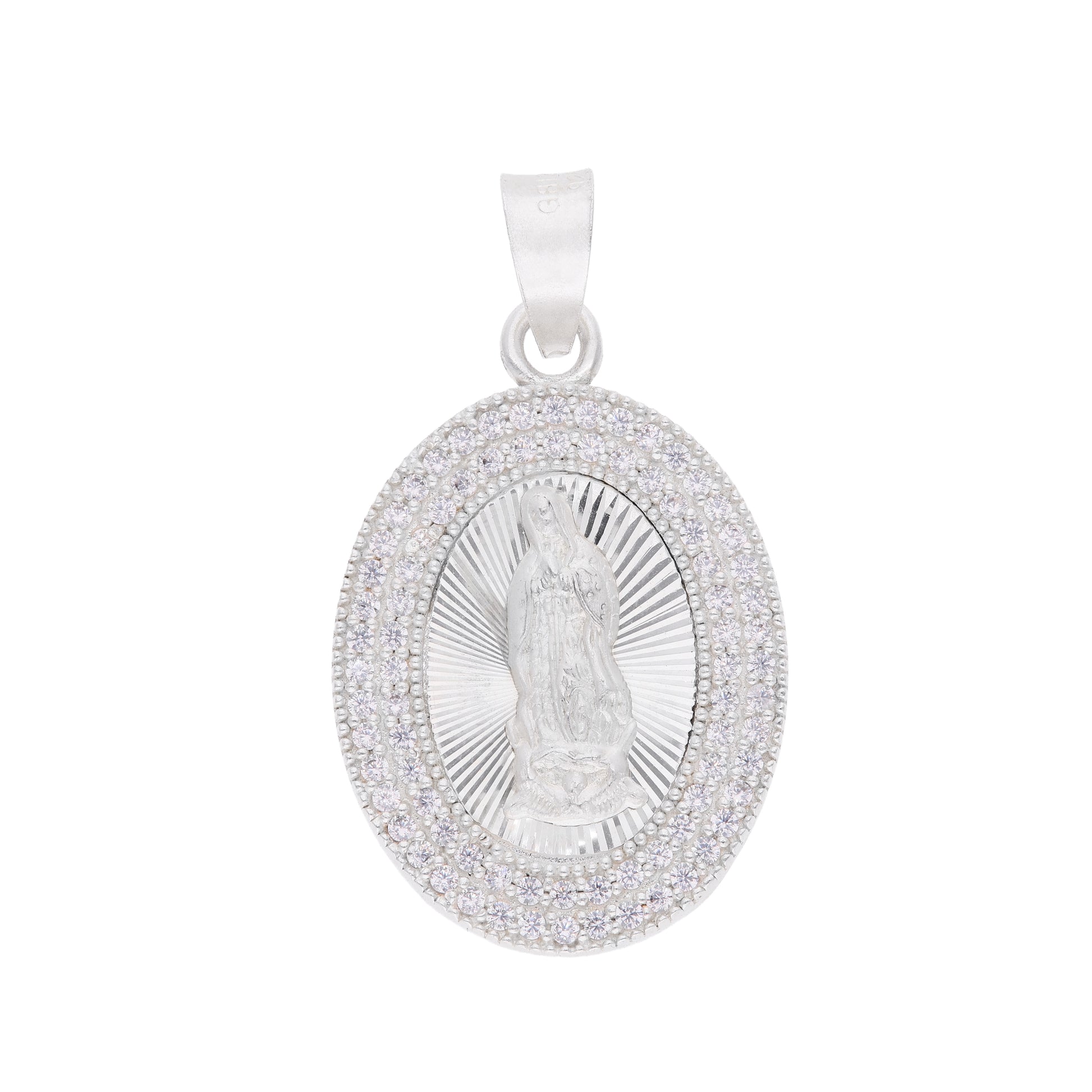 Dije Medalla Oval Virgen de Guadalupe con zirconias en plata .925 — vista frontal