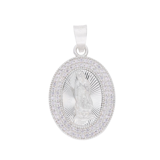 Dije Medalla Oval Virgen de Guadalupe con zirconias en plata .925 — vista frontal
