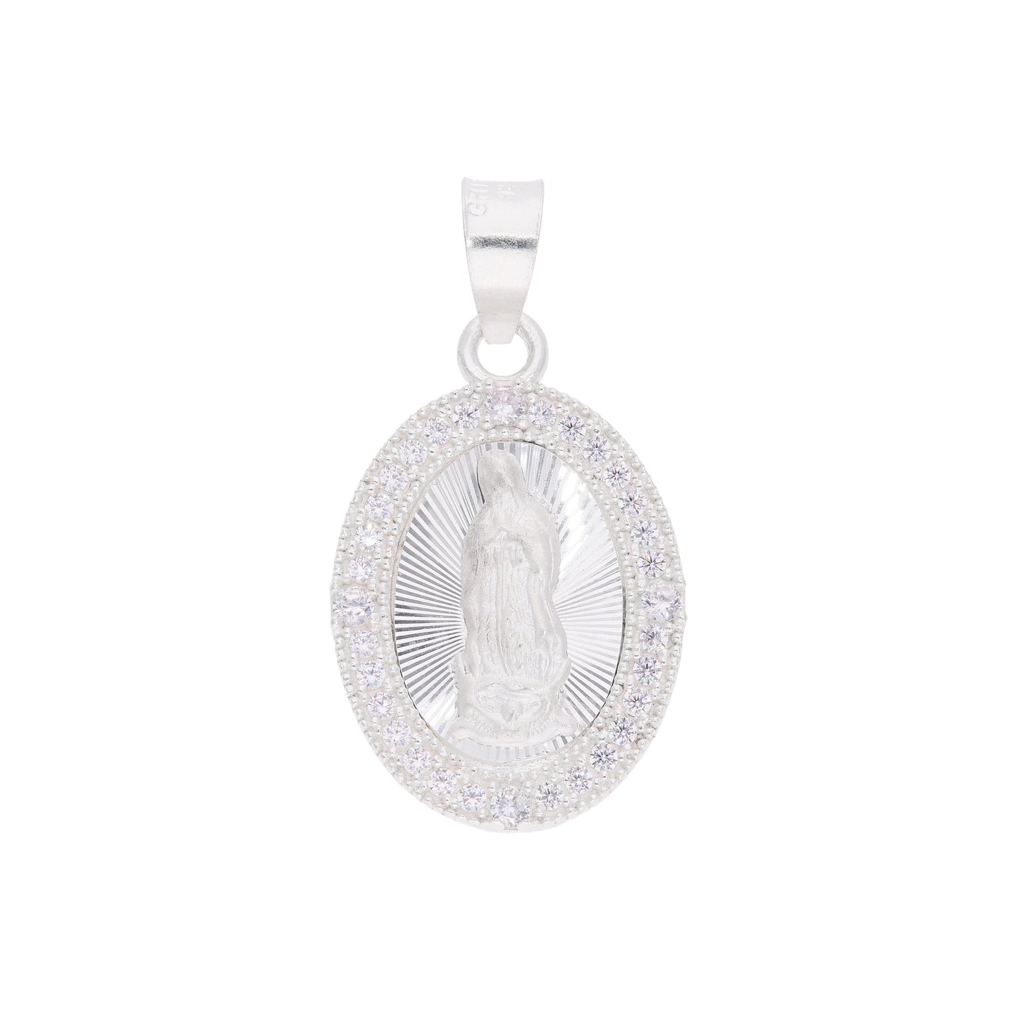 Dije Virgen de Guadalupe con zirconias en plata esterlina .925 — vista frontal sobre fondo blanco