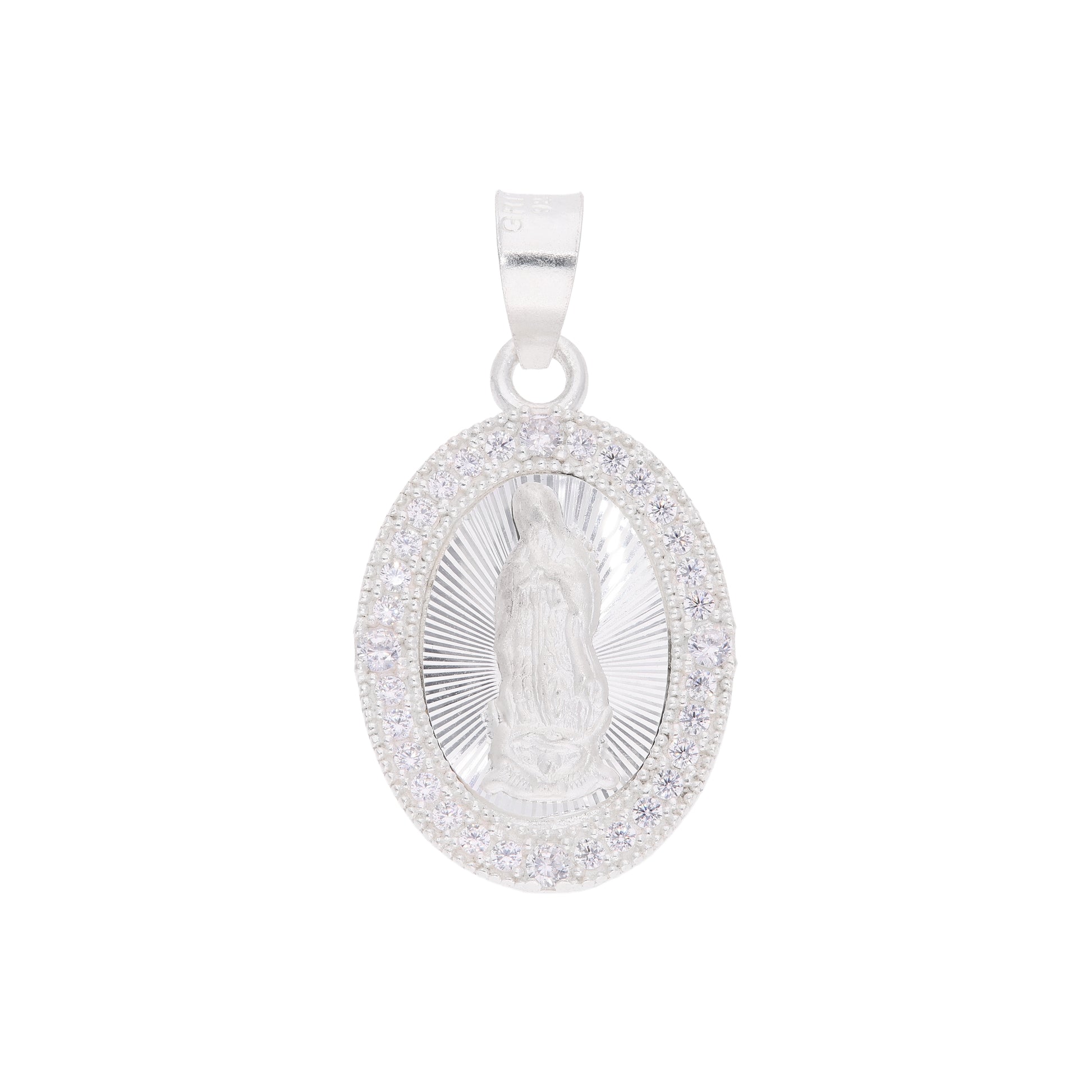 Dije Virgen de Guadalupe con zirconias en plata esterlina .925 — vista frontal sobre fondo blanco