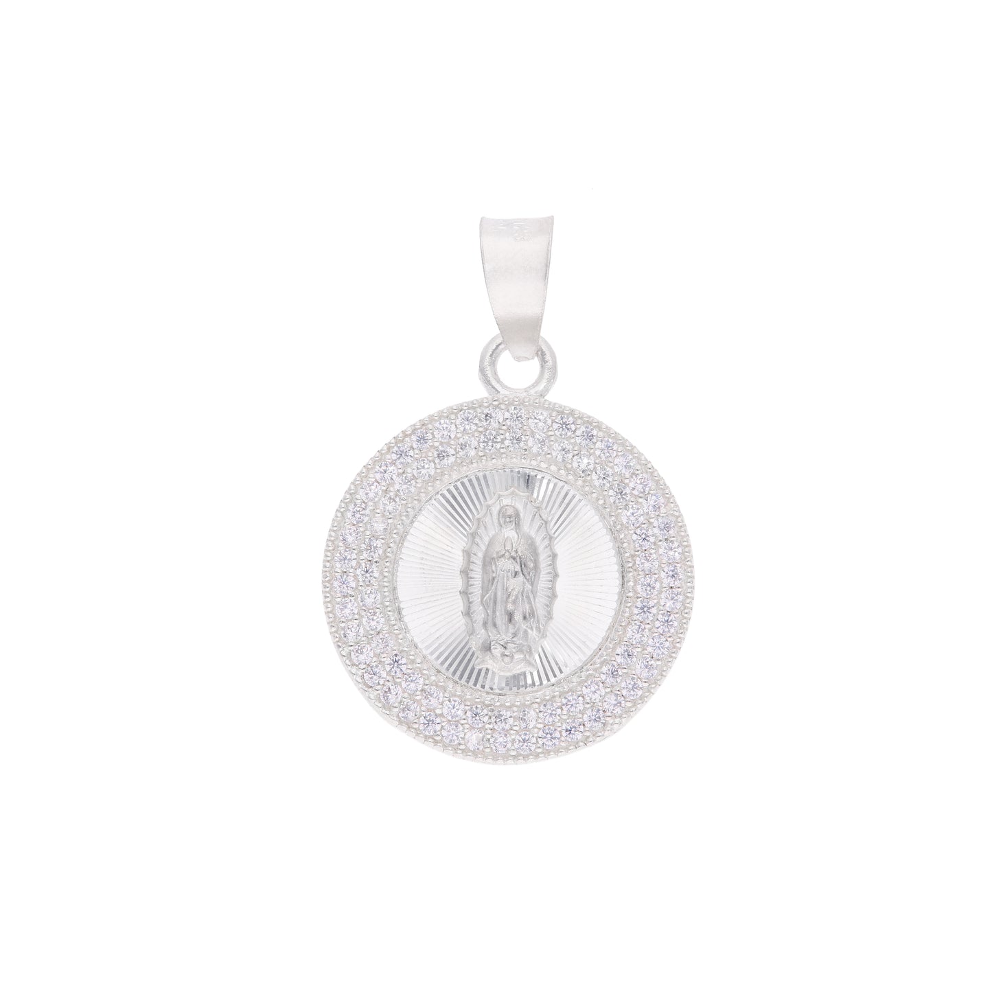 Medalla Virgen de Guadalupe circular con doble halo pavé de zirconias en plata .925 – vista frontal sobre fondo blanco