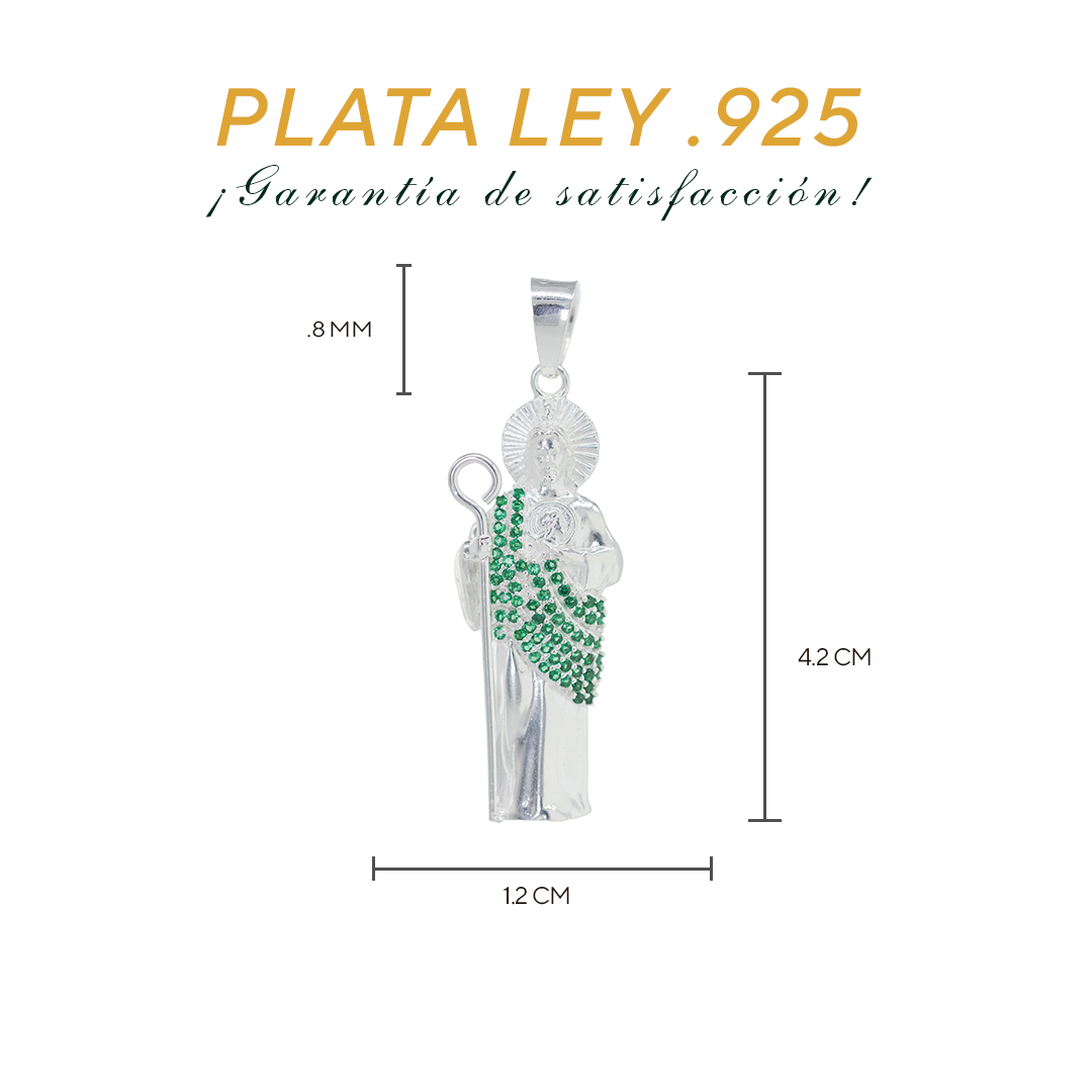 Dije de Plata ley.925 en  Forma San Judas Tadeo con topacio Verde Mod. DRP078VER