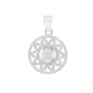Medalla Virgen de Guadalupe en medallón circular calado con mandala de pétalos y doble halo pavé, plata .925 – vista frontal sobre fondo blanco