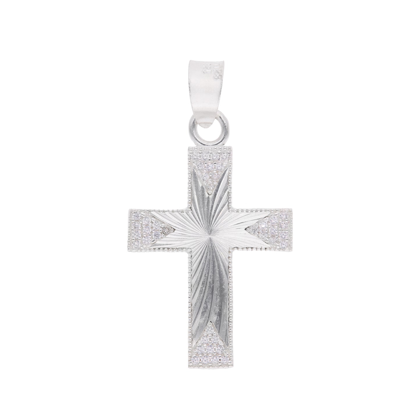 Dije Cruz con Rayos Solares y Borde Texturizado — Plata .925 | DRP158NC