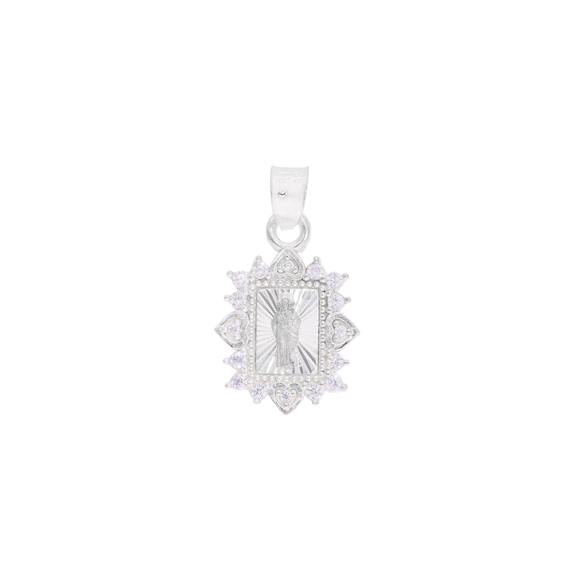 Dije Divino Niño medallón rectangular con orla de zirconias corazón en plata .925 – vista frontal sobre fondo blanco