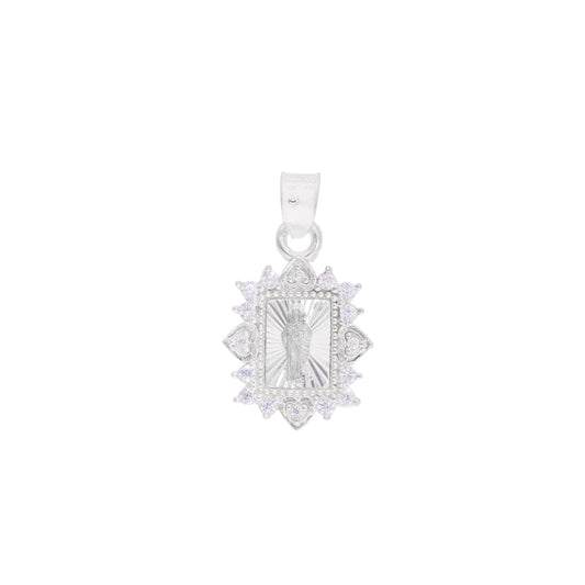 Dije Divino Niño medallón rectangular con orla de zirconias corazón en plata .925 – vista frontal sobre fondo blanco
