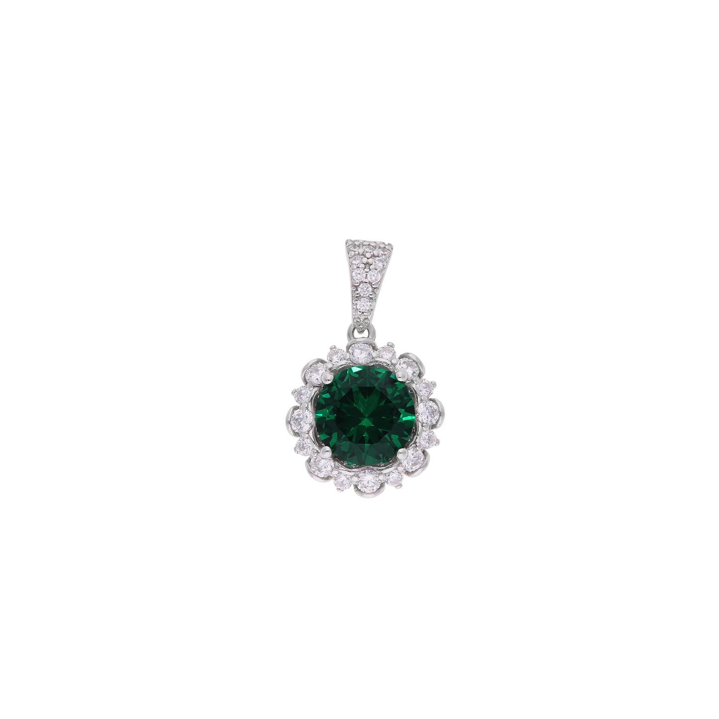 Dije flor Diana con esmeralda redonda y halo de zirconias en plata .925 – vista frontal sobre fondo blanco