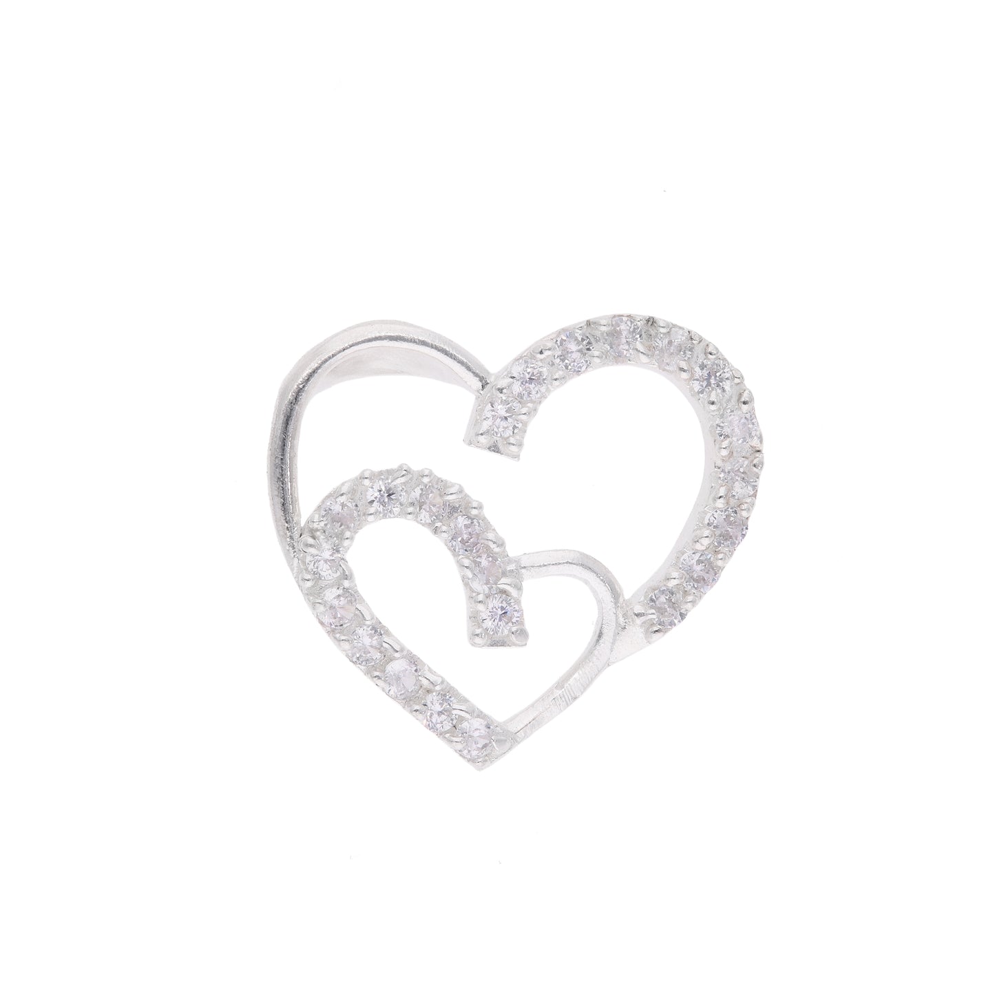 Dije doble corazón entrelazado con pavé de zirconias en plata .925 – vista frontal sobre fondo blanco