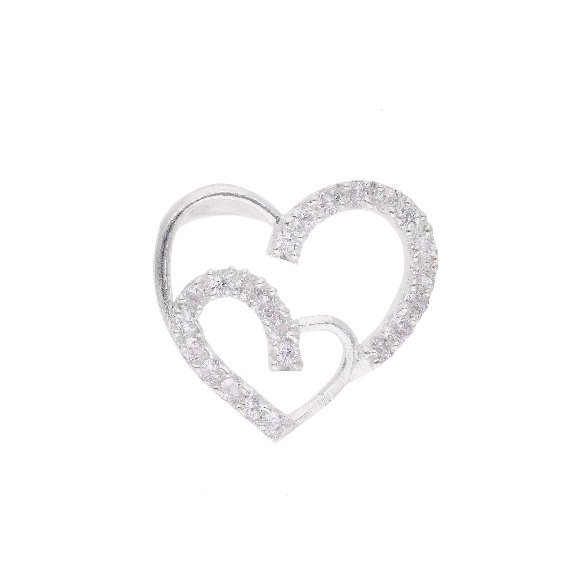 Dije doble corazón entrelazado con pavé de zirconias en plata .925 – vista frontal sobre fondo blanco