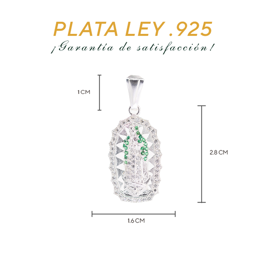 Set de Dije y Cadena de Plata - Virgen de Guadalupe con Zirconia  con Cadena Fígaro .925(ERDP008)