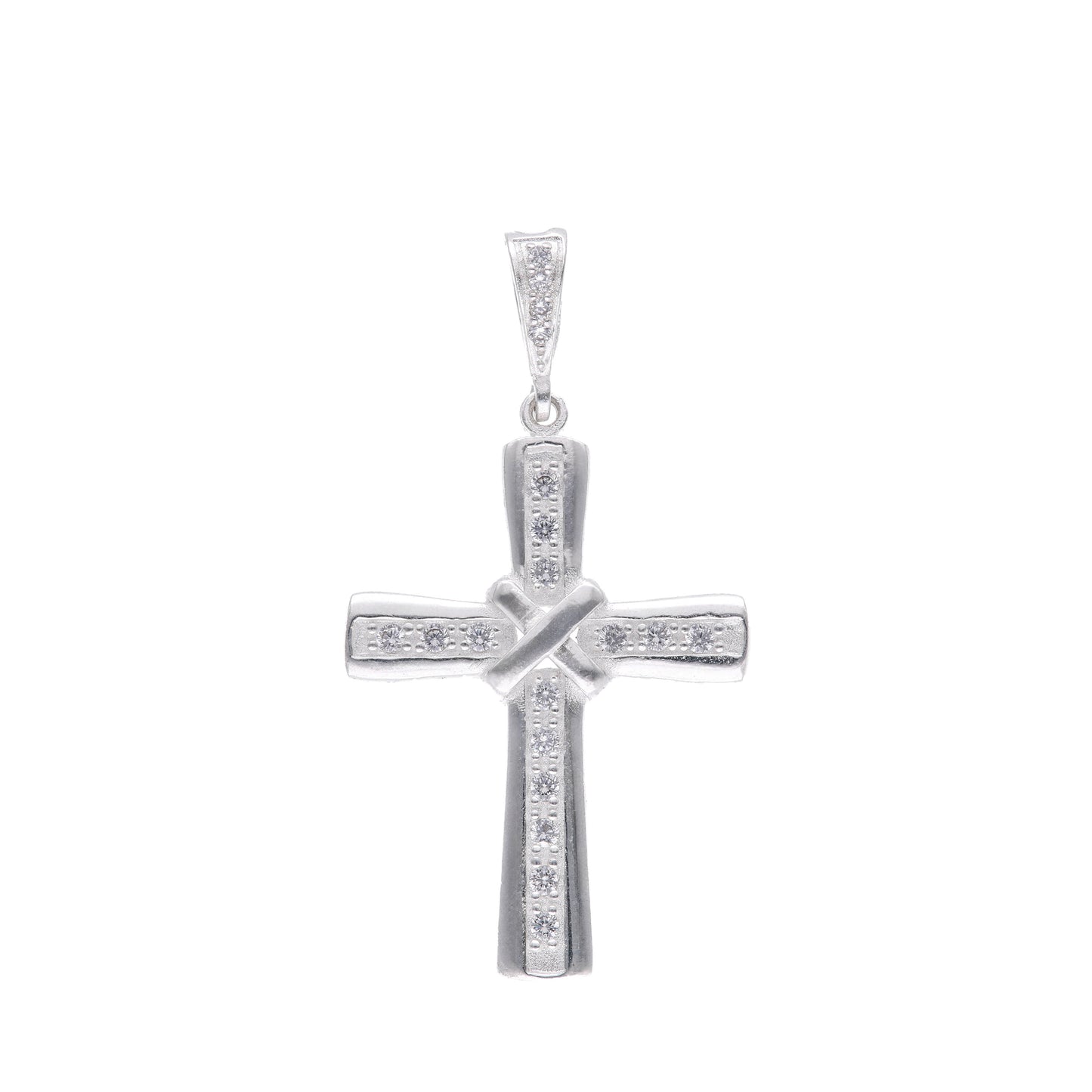 Dije de Plata .925 - Cruz Tubular con Nudo en X y Zircones Pavé en Rodio Negro