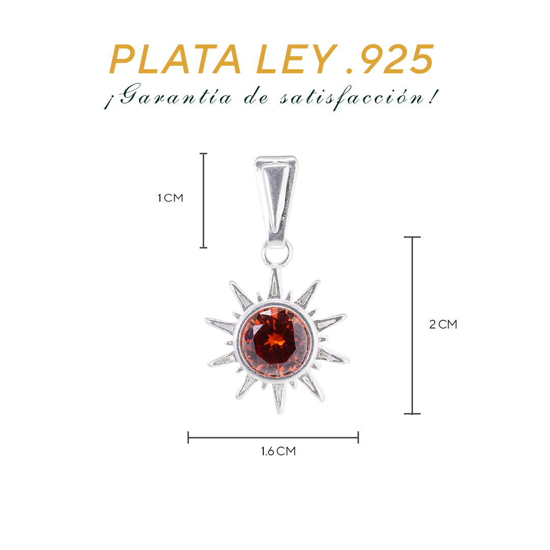 Set de Dije y Cadena de Plata - Sol con Zirconia Naranja con Cadena Fígaro .925