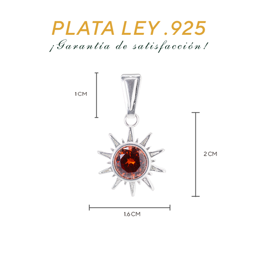Set de Dije y Cadena de Plata - Sol con Zirconia Naranja con Cadena Fígaro .925