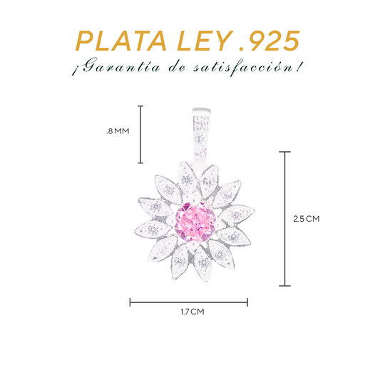 Set de Dije y Cadena de Plata - Flor con Zirconia Rosa con Cadena Fígaro .925