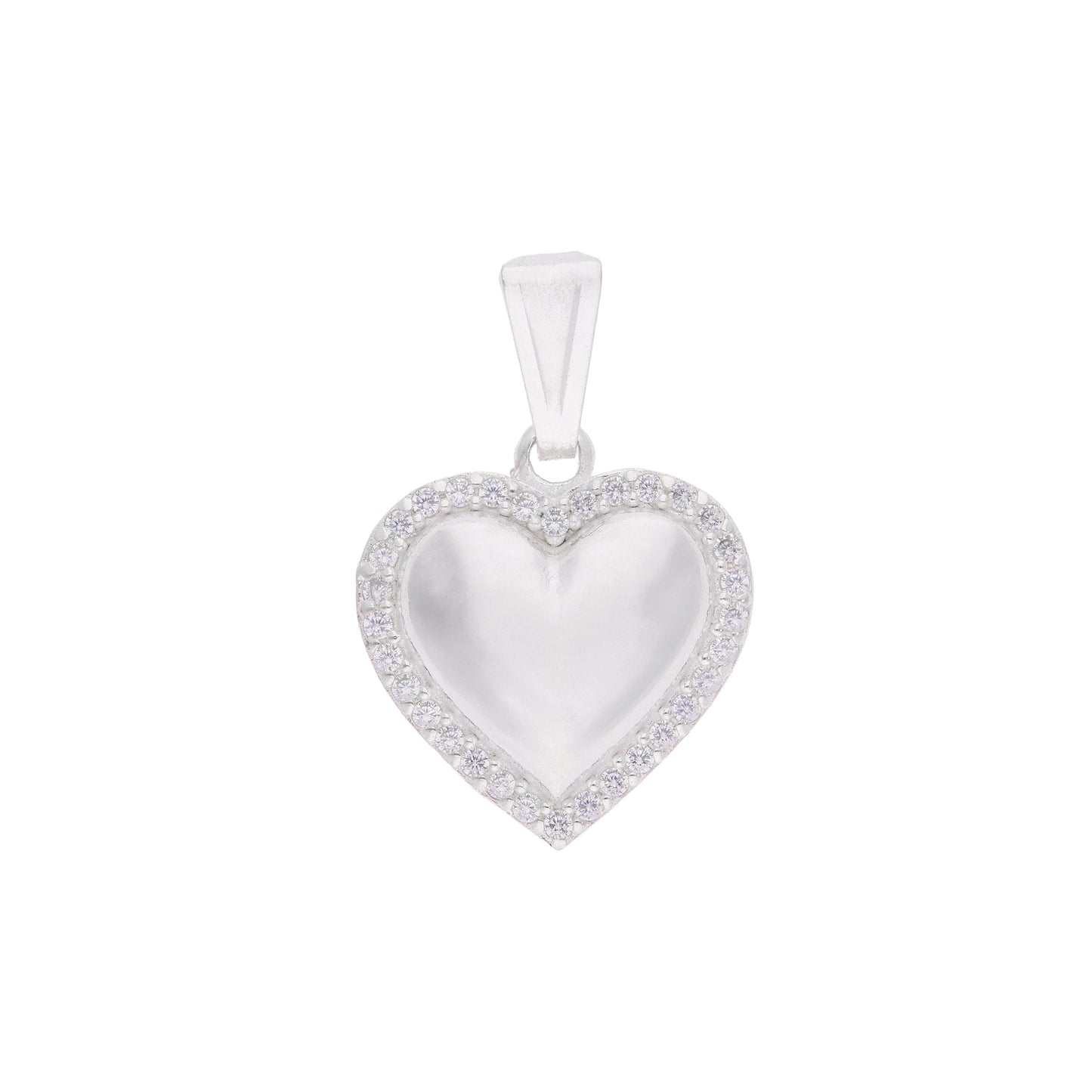 Dije corazón de nácar blanco abombado con halo de zirconias en plata .925 – vista frontal sobre fondo blanco