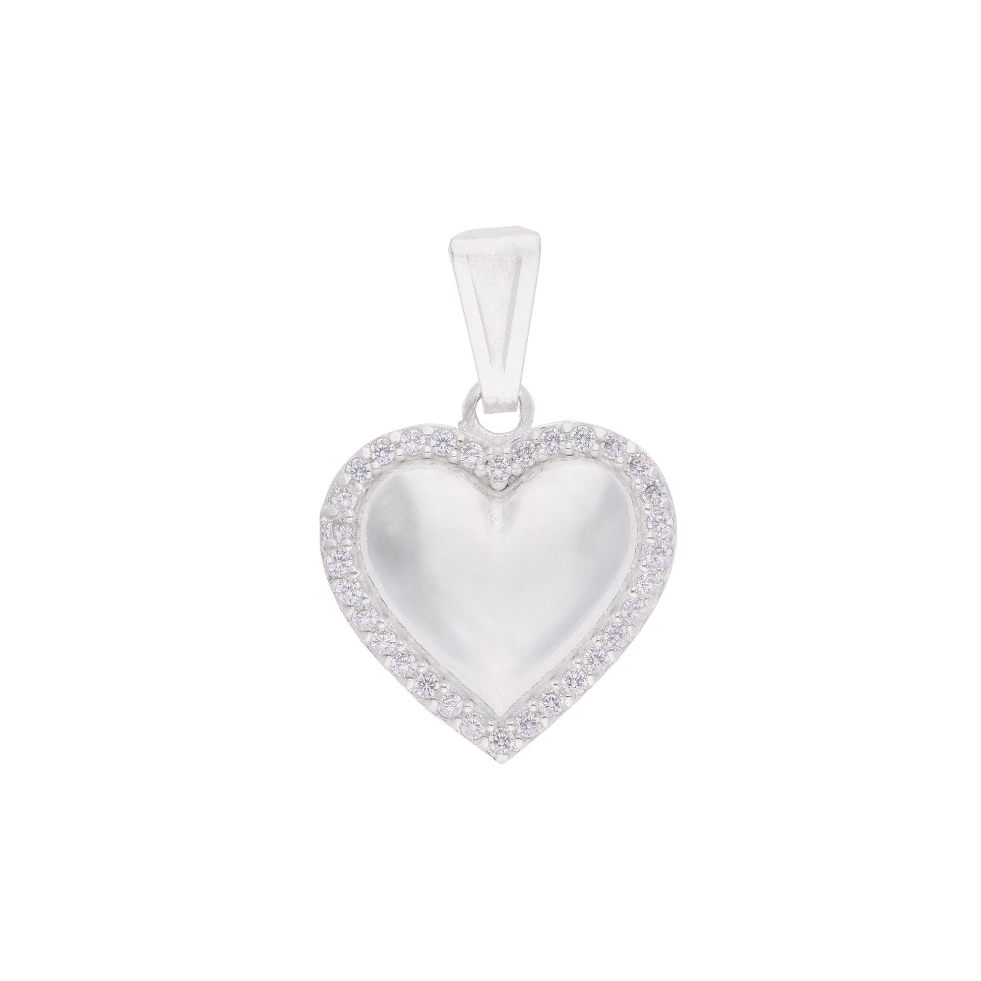 Dije corazón de nácar blanco abombado con halo de zirconias en plata .925 – vista frontal sobre fondo blanco