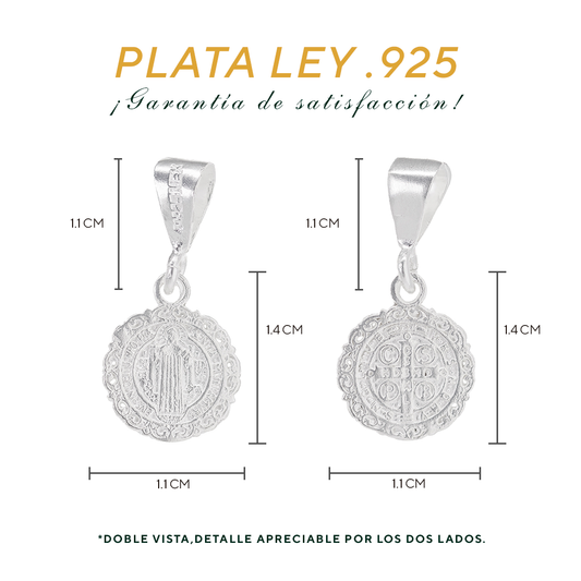 Set de Dije y Cadena de Plata - San Benito con Marco Ornamental Circular Doble Vista con Cadena (COM.FBD-228)