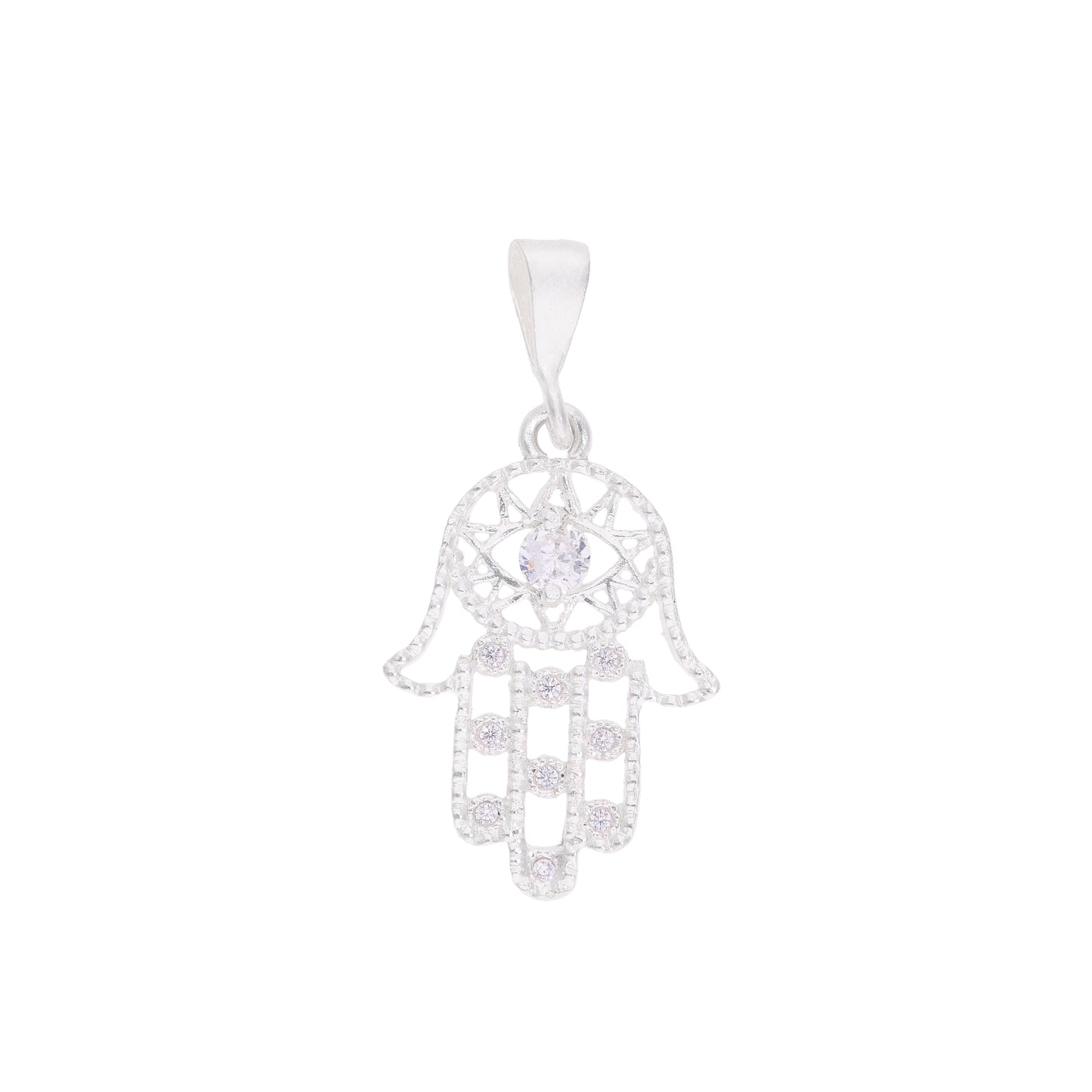 Dije Mano de Fátima Hamsa calada con ojo de zirconia y zirconias en dedos, plata .925 – vista frontal sobre fondo blanco