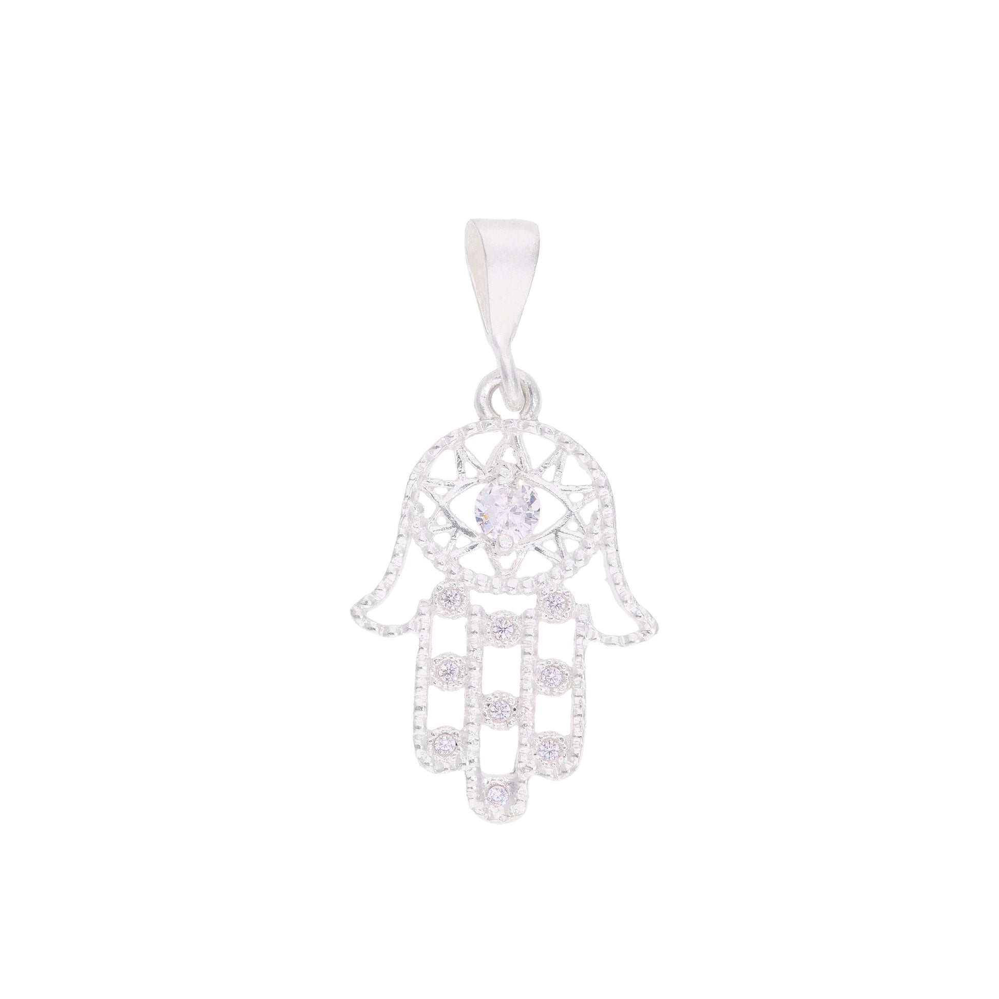 Dije Mano de Fátima Hamsa calada con ojo de zirconia y zirconias en dedos, plata .925 – vista frontal sobre fondo blanco