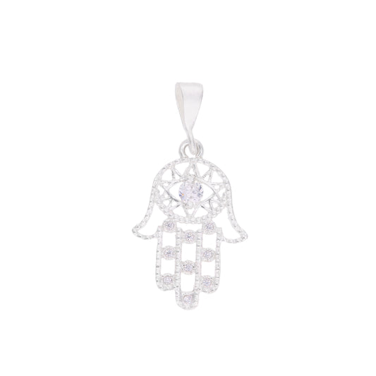 Dije Mano de Fátima Hamsa calada con ojo de zirconia y zirconias en dedos, plata .925 – vista frontal sobre fondo blanco