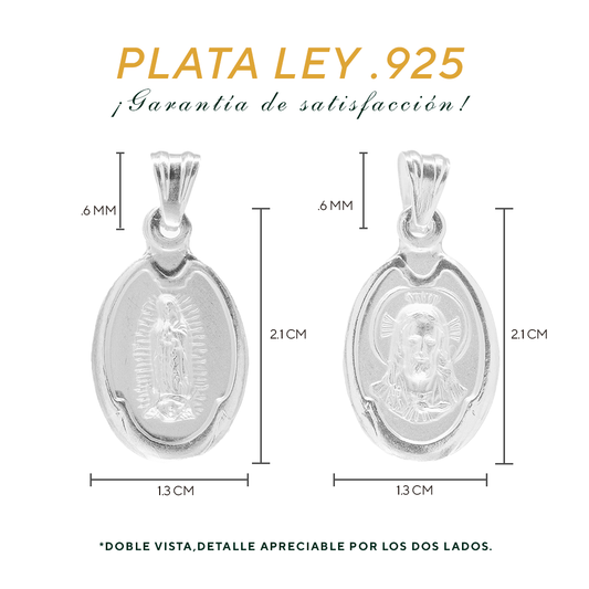 Set de Dije y Cadena de Plata - Virgen de Guadalupe Y Sagrado Corazón  en Óvalo con Cadena Fígaro