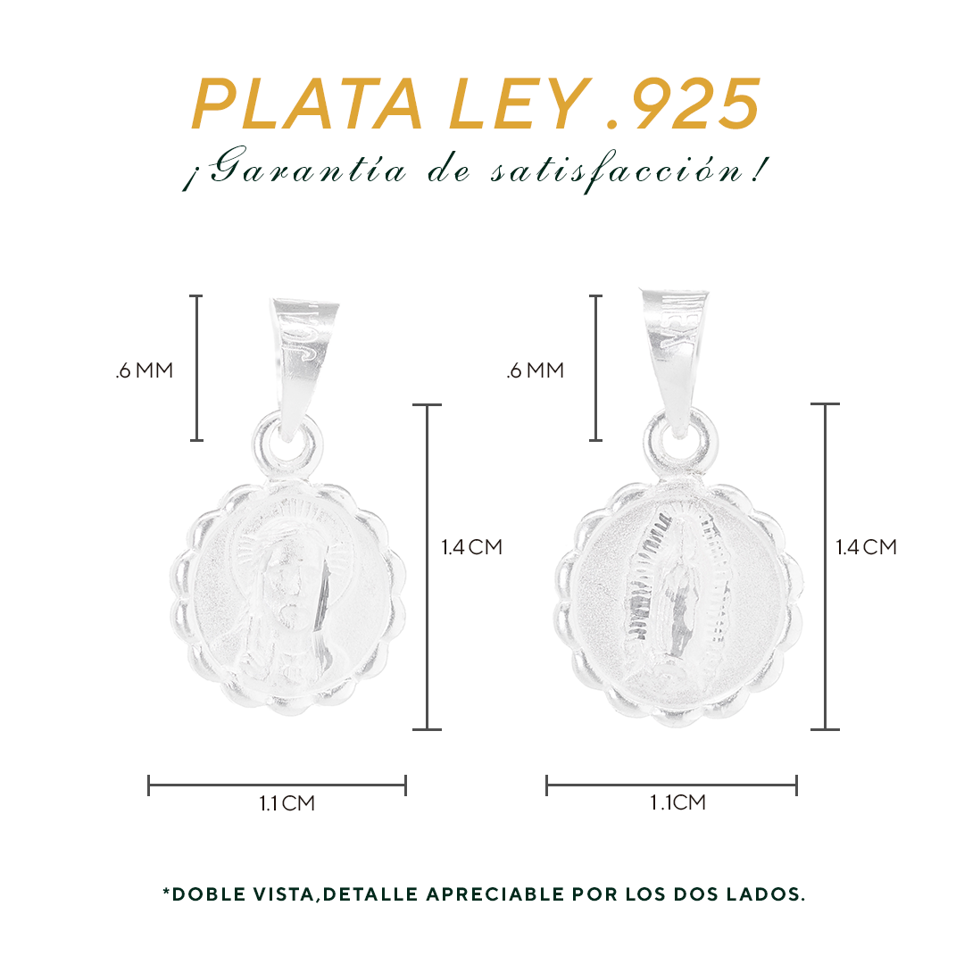 Set de Dije y Cadena de Plata - Virgen de Guadalupe con Marco Ornamental Circular Doble Vista con Cadena Fígaro .925