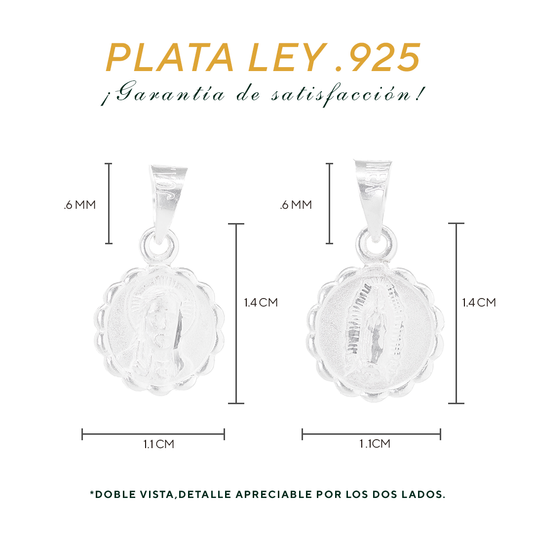 Set de Dije y Cadena de Plata - Virgen de Guadalupe con Marco Ornamental Circular Doble Vista con Cadena Fígaro .925