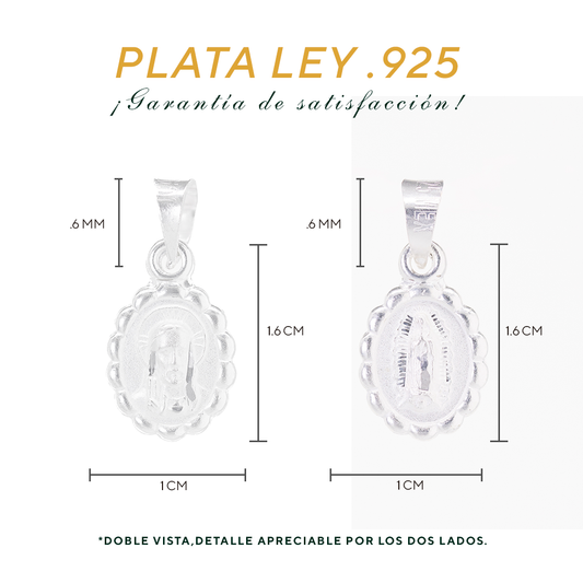 Set de Dije y Cadena de Plata - Virgen de Guadalupe con Marco Ornamental Ovalado Doble Vista con Cadena Fígaro (COM,JCA010)