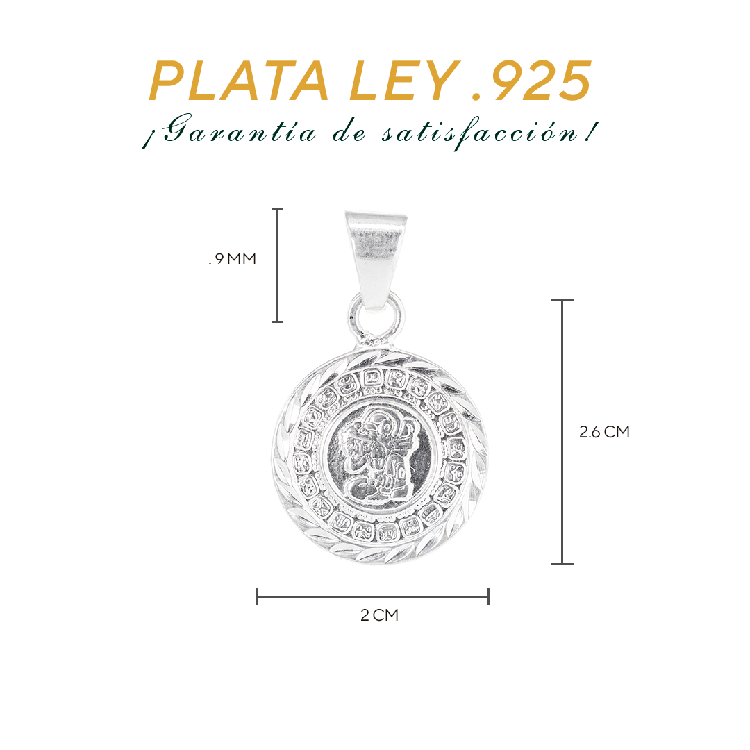 Set de Dije y Cadena de Plata - Calendario Maya con Marco Trenzado con Cadena Fígaro .925