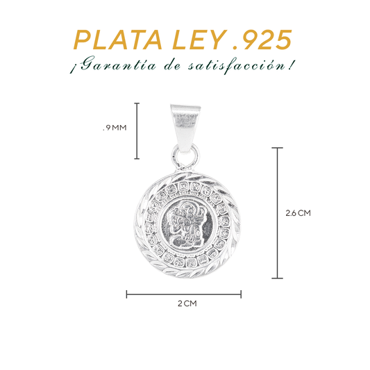 Set de Dije y Cadena de Plata - Calendario Maya con Marco Trenzado con Cadena Fígaro .925
