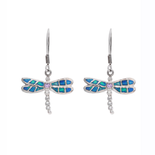 Aretes Libélula con Ópalo Azul y Zirconia Lila — Plata Esterlina .925