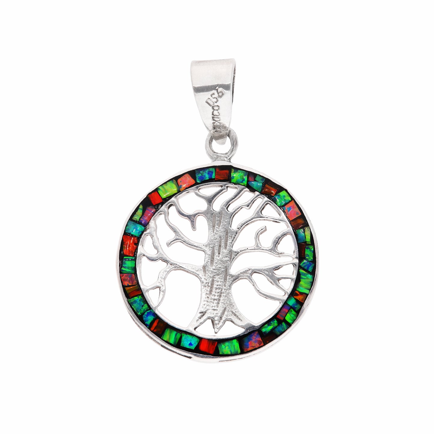 Dije Árbol de la Vida con ópalo multicolor en plata esterlina .925 — vista frontal sobre fondo blanco