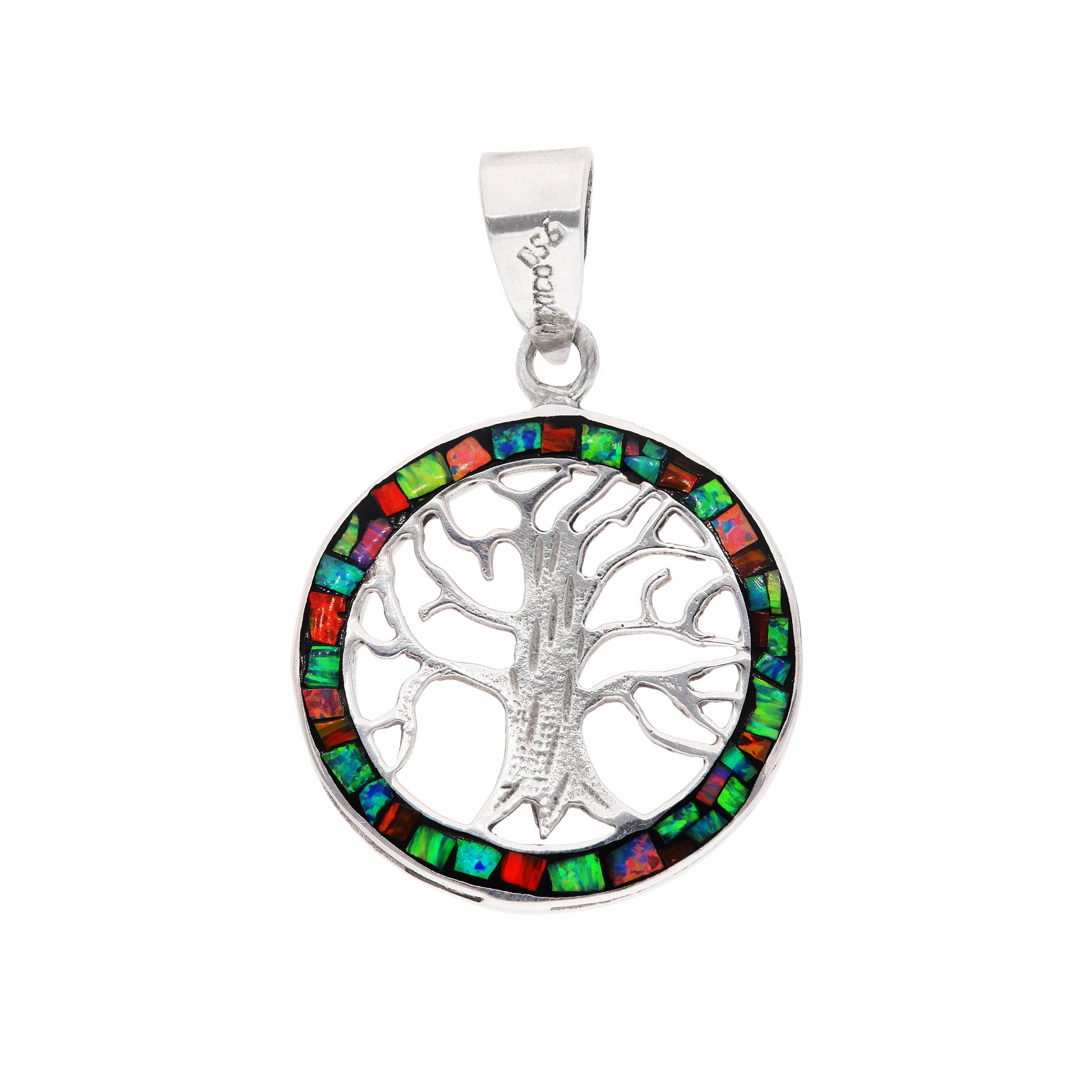 Dije Árbol de la Vida con ópalo multicolor en plata esterlina .925 — vista frontal sobre fondo blanco
