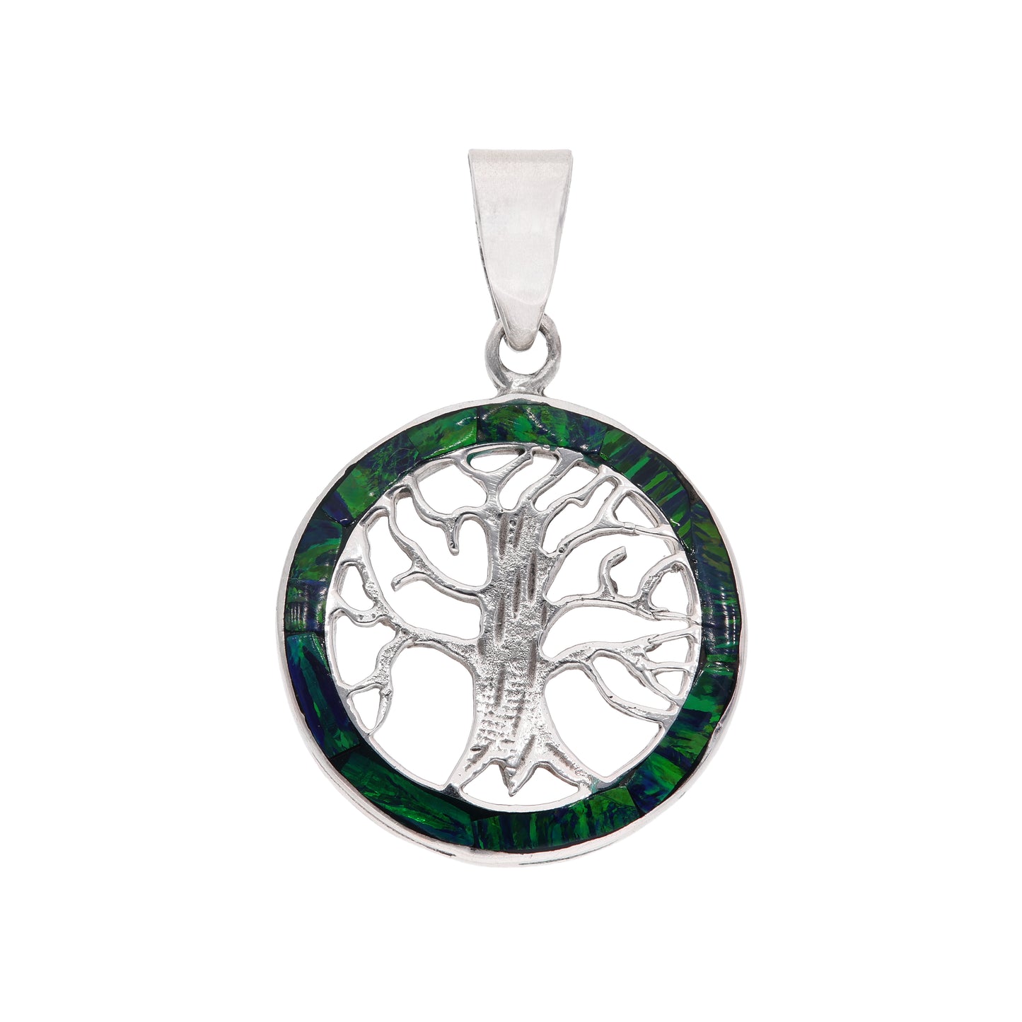 Dije Árbol de la Vida con ópalo verde en plata esterlina .925 — vista frontal sobre fondo blanco