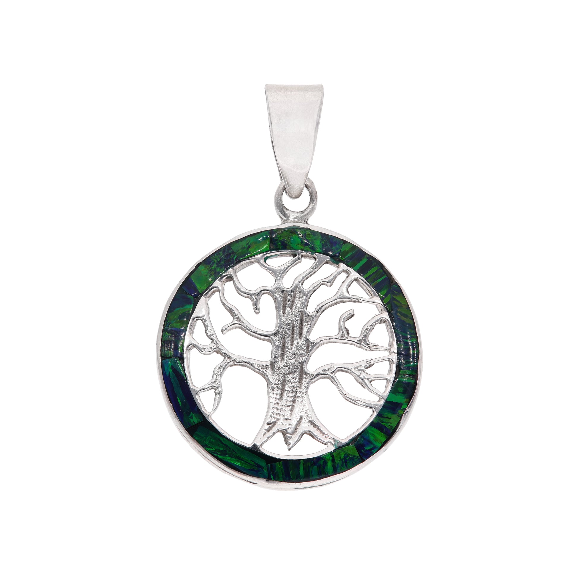 Dije Árbol de la Vida con ópalo verde en plata esterlina .925 — vista frontal sobre fondo blanco