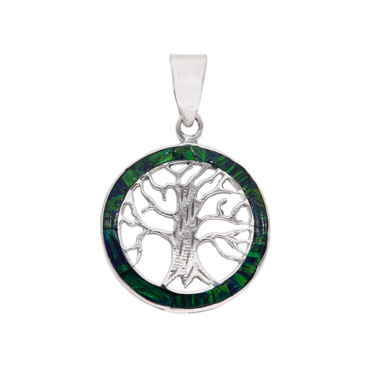 Dije Árbol de la Vida con ópalo verde en plata esterlina .925 — vista frontal sobre fondo blanco