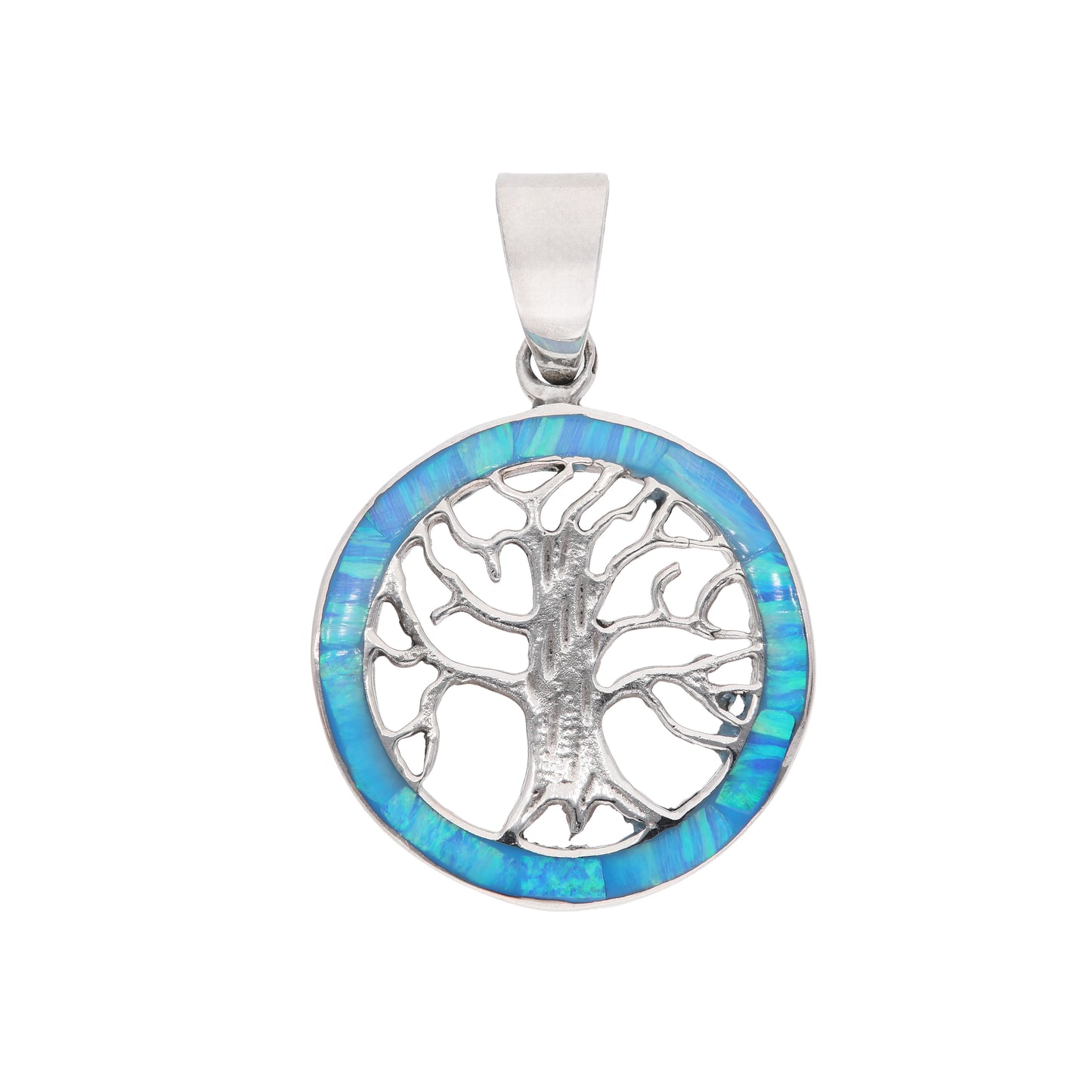 Dije Árbol de la Vida con ópalo azul-turquesa en plata esterlina .925 — vista frontal sobre fondo blanco