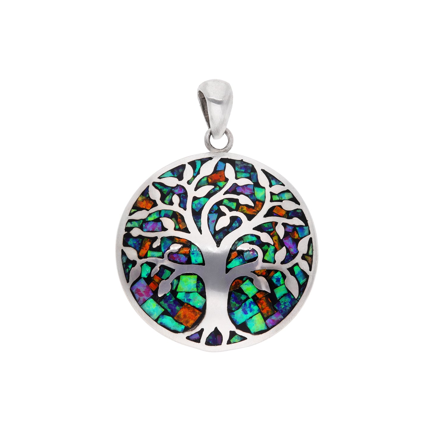 Dije Árbol de la Vida con ópalo negro multicolor en plata esterlina .925 — vista frontal sobre fondo blanco