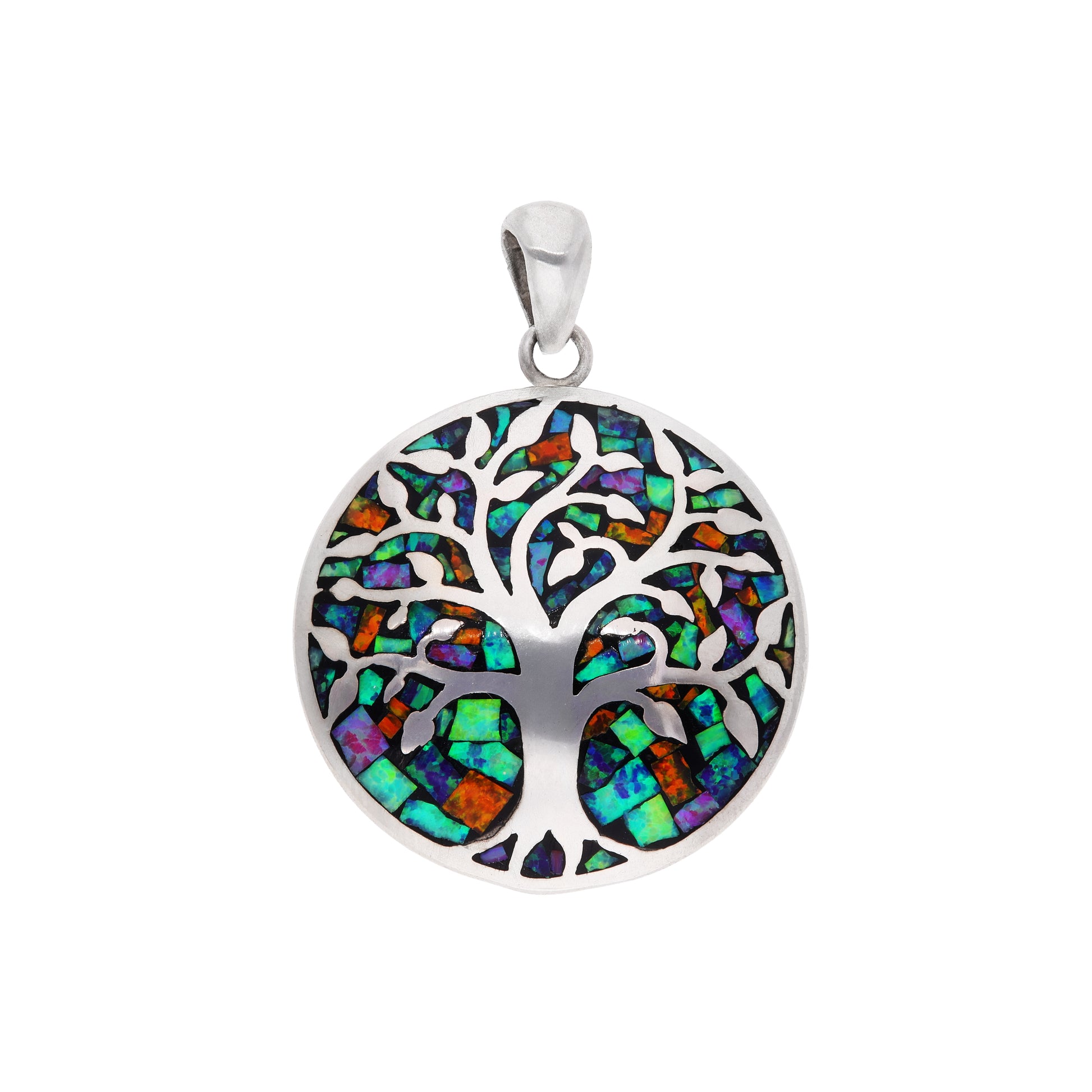 Dije Árbol de la Vida con ópalo negro multicolor en plata esterlina .925 — vista frontal sobre fondo blanco